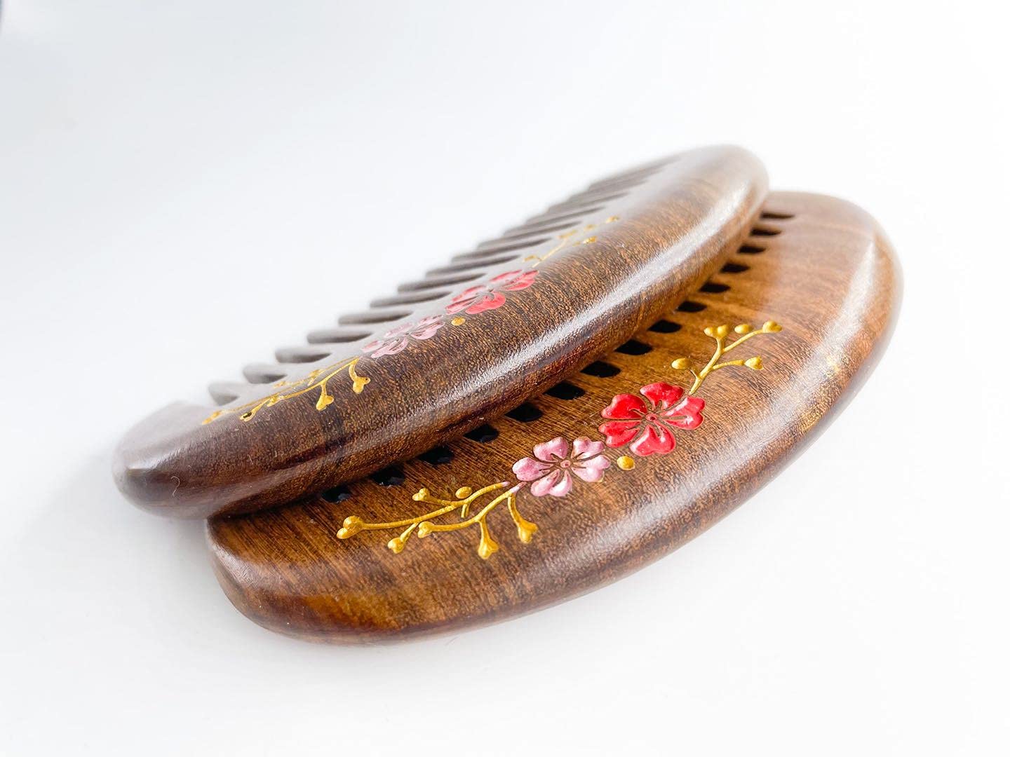 Pocket Size Wood Comb，No Static No Snag Hair Comb – Wide Tooth Sandalwood Comb for Women with Flower drawing 2pcs with free pouch…