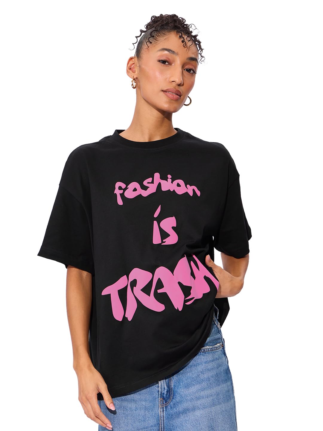 The Souled Store Emily in Paris: Fashion is Trash Women and Girls Short Sleeves Round Neck Black Graphic Printed Cotton Oversized T-Shirts