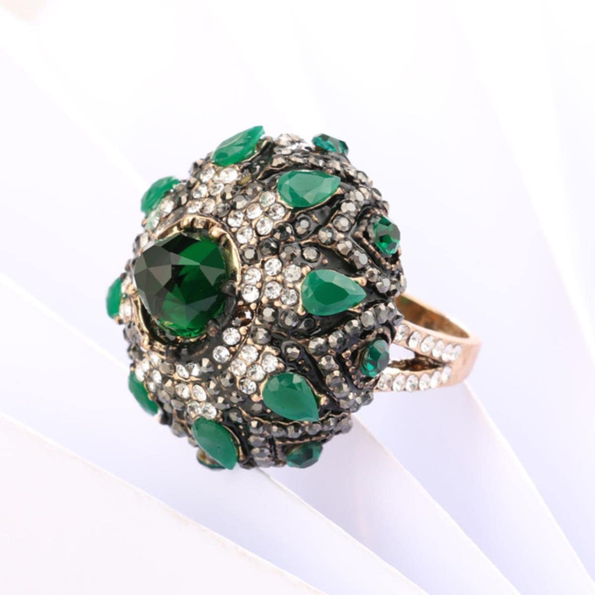 Yahoya Women's Antique Gold Plated Unique Natural Green Stone Rings For Vintage Antique Gold Crystal Flower Big Ring Turkish Jewelry