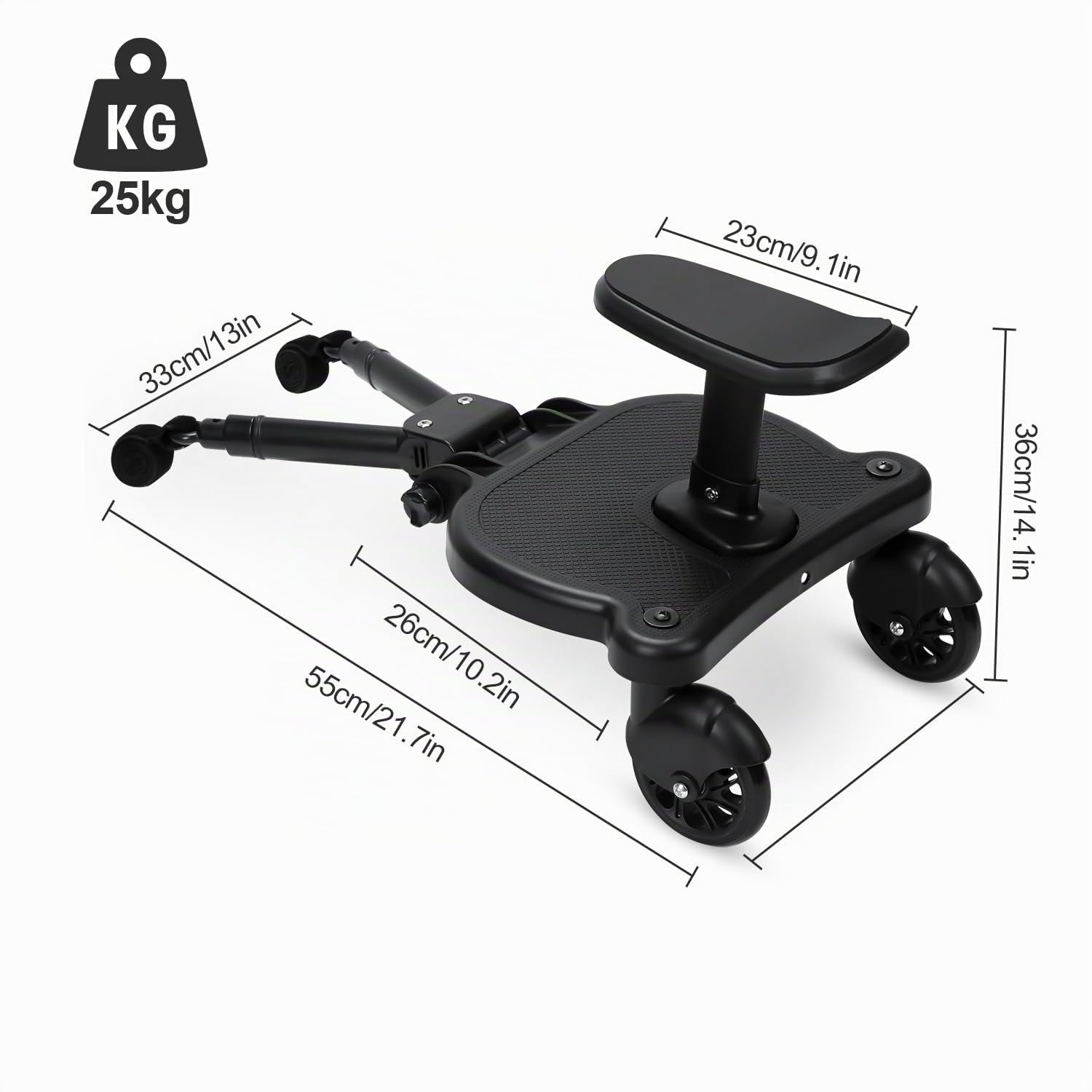 Planche de poussette avec siège, Kiddy Board pour poussette, marchepied universel avec siège amovible, double roue à 360 degrés, réglable, jusqu'à 25 kg, noir