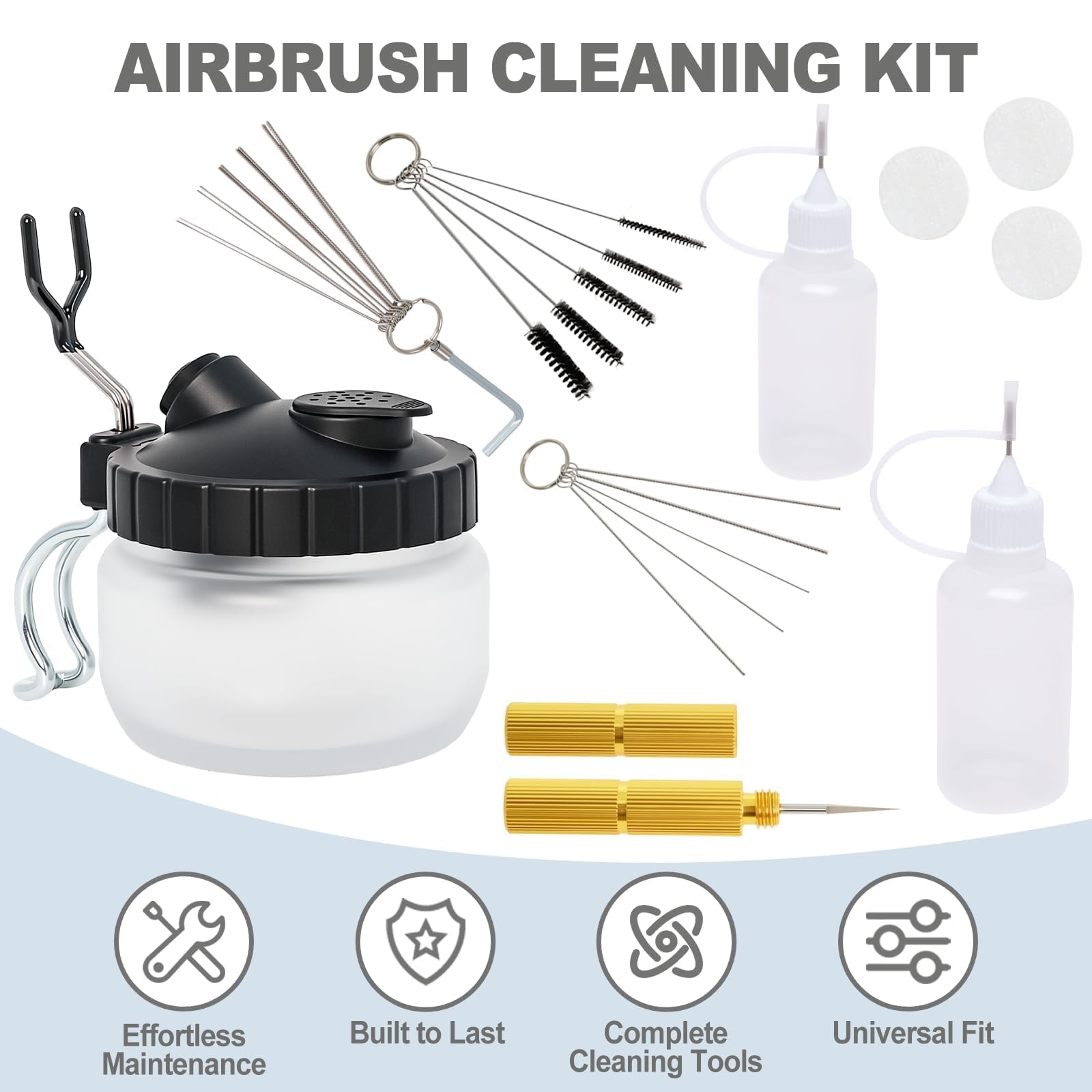 Kit de Nettoyage aérographe avec Pot, Ensemble Complet avec brosses, Aiguilles et Reamer, Outil de Nettoyage pour buse aérographe, Entretien et Maintenance, Accessoires universels