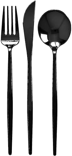 Silver Spoons Juego de cubiertos  Cubertería de plástico  Colección Opulencia, 24 cucharas, 24 cuchillos y 48 tenedores, color negro