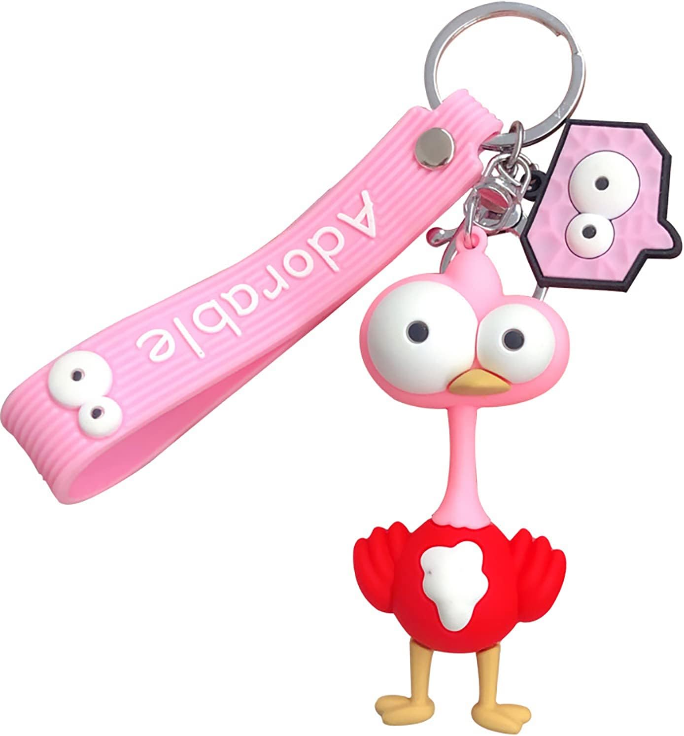 HSYHERE Boys Men Girls Women Creative Novelty Ugly Big Small Eyes Funny Soft TPU Silicone Rubber Zoo Animals Pendant Strap Keychain Key Ring Holder Clip -Pink Ostrich