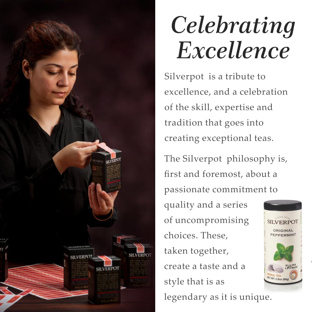 Silverpot Original Peppermint, 50 Round Tea Bags, Tin | Gourmet Herbal Tea | Caffeine Free | Enjoy Hot or Iced