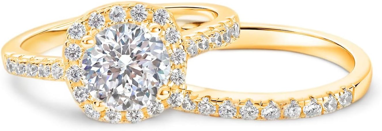 10K/14K/18K Solid Gold Moissanite Engagement Rings for Women, 1/2/3 CT Center Round Cut Wedding Band Silver Anniversary Promise Bridal Rings Set for Her Wife Girlfriend Size 4-12