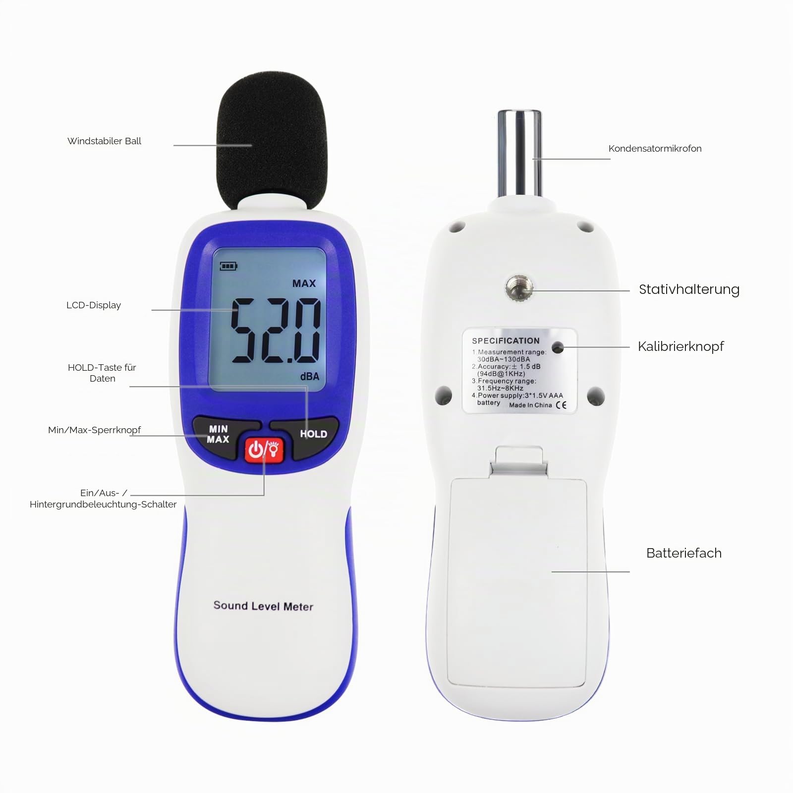 Digital Schallpegelmesser, Schallpegelmessgerät mit Bluetooth-fähiges, Dezibel Messgerät 30~130dBA Bereich MAX/MIN Datenhold mit LCD-Display und Hintergrundbeleuchtung für Zuhause, Schule
