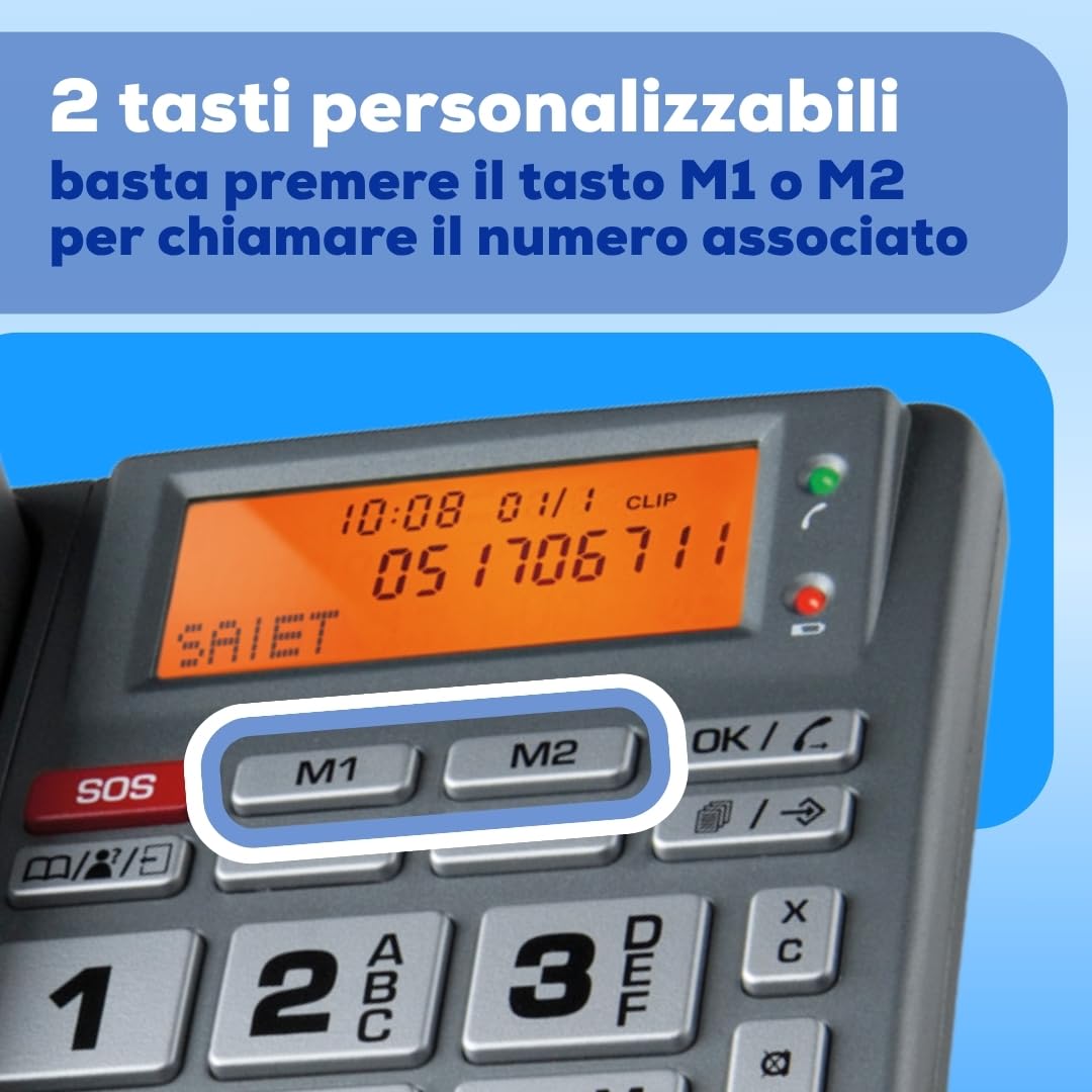 Telefono Fisso con SOS e Telecomando di Emergenza, Tasti Parlanti, SAIET | FAMILY TELE SOS con Display LCD Retroilluminato, Annuncio Vocale del Chiamante, Vivavoce e Rubrica fino a 30 Contatti