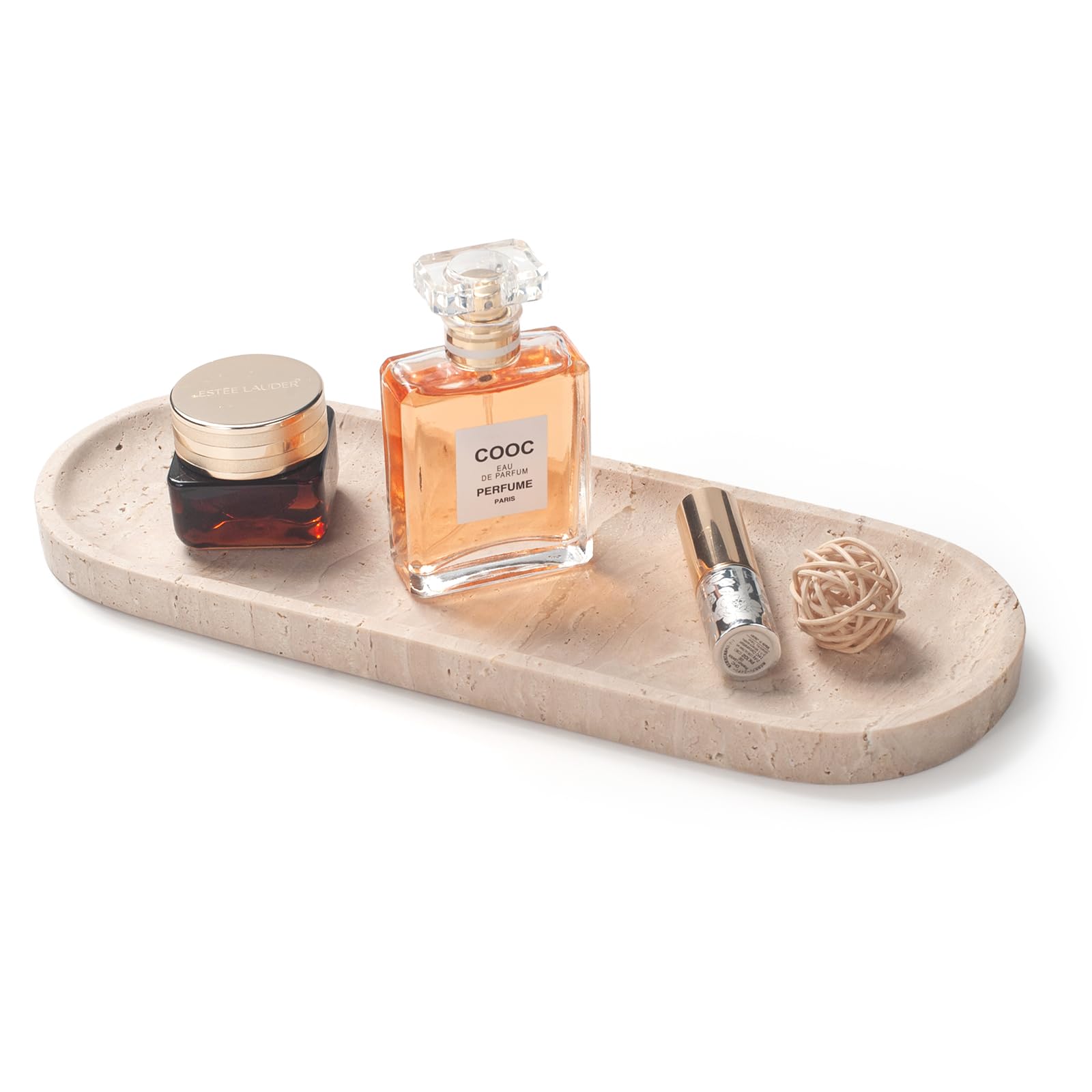 Bandeja ovalada de piedra de travertino para joyas, velas, perfumes, bandeja decorativa de baño de mármol para organizador de encimera, 30 cm x 15 cm x 1,8 cm