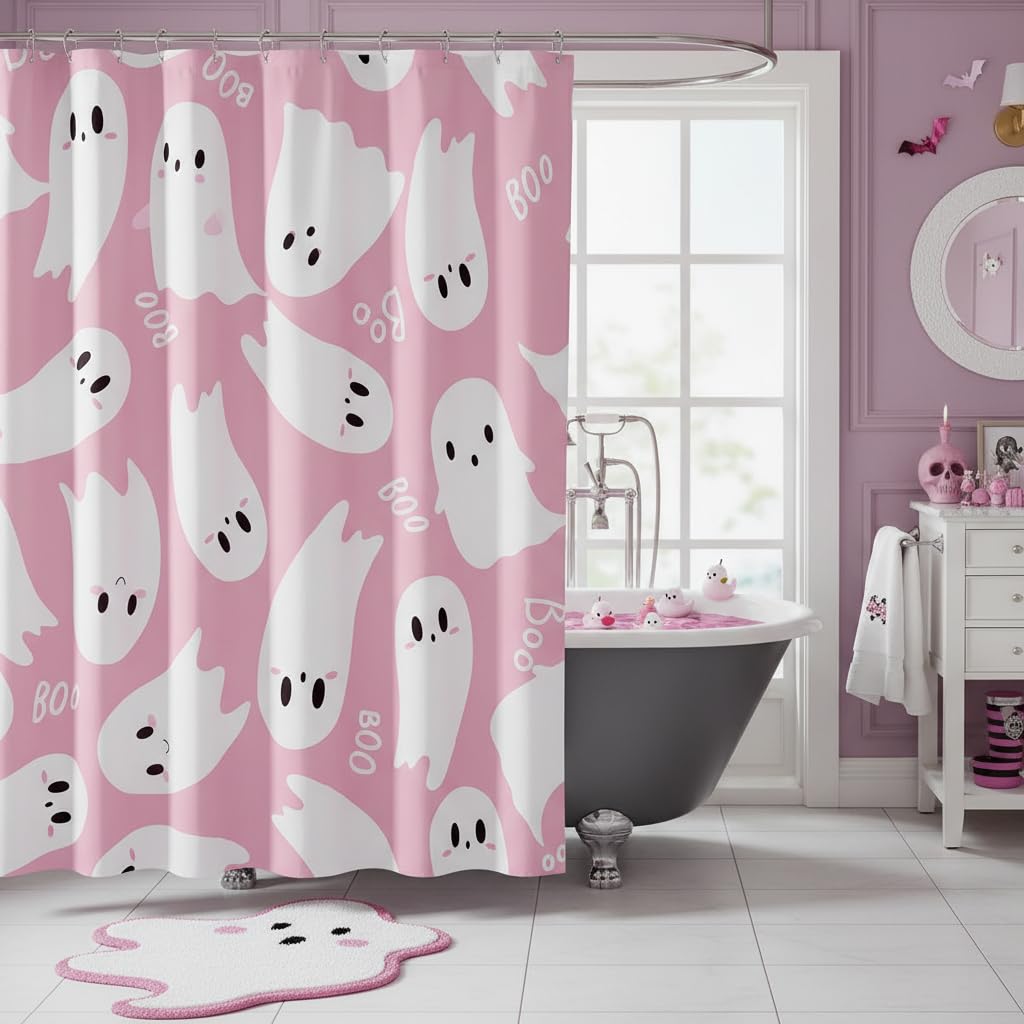 Castle Fairy Happy Halloween Shower Curtain,Cartoon Ghost Pink White Bath Curtain for Kids Bathroom Decor,Waterproof 72" Wx72 L