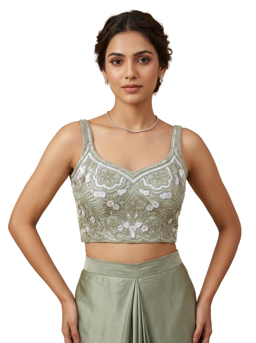 MS Fashion & Fit Women's Mint Green Sequins & Bead Embroidered Saree Blouse | Premium Georgette Blend | Sleeveless Designer Readymade Blouse for Party, Wedding & Festive | Size 32-34-image-19