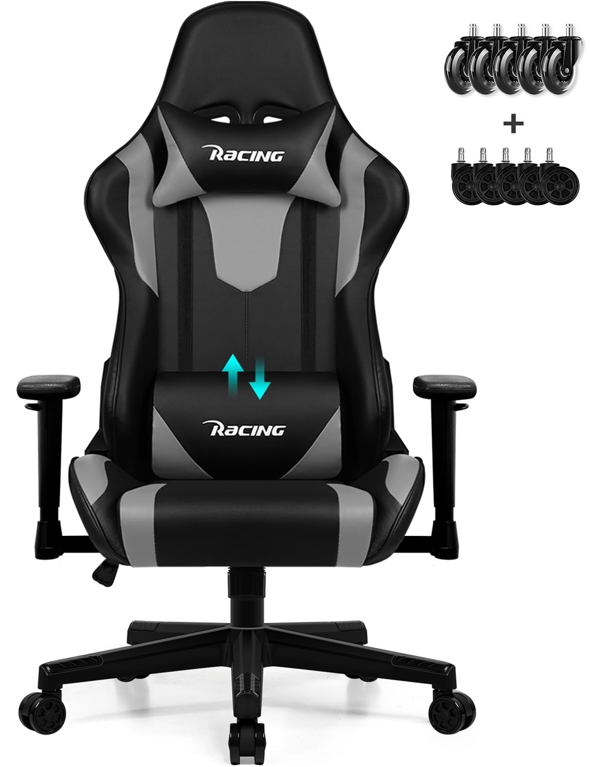 Homimaster Gaming Stuhl, Gaming Chair mit verstellbare Lendenkissen, Kopfkissen und Armlehnen,Ergonomischer Gamer Stuhl gepolstert, Gaming Stuhl 150 kg Belastbarkeit