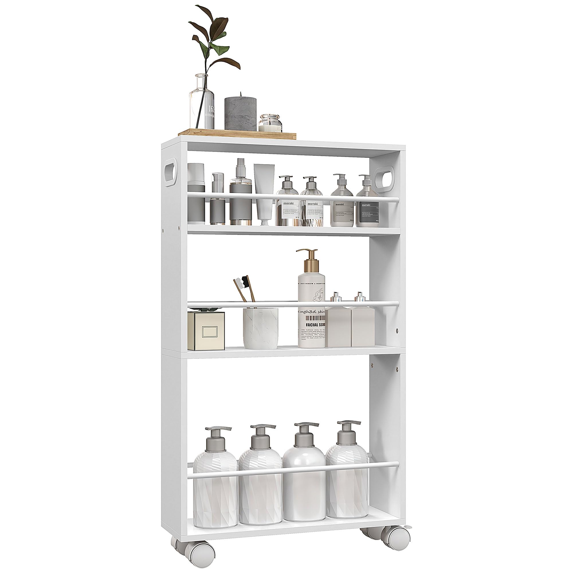 HOMCOM Carrito Auxiliar con Ruedas Carrito de Cocina 45x15x80 cm Blanco | Delgado de 3 Niveles, con Barandillas Laterales y Asas, para Comedor Sala Baño