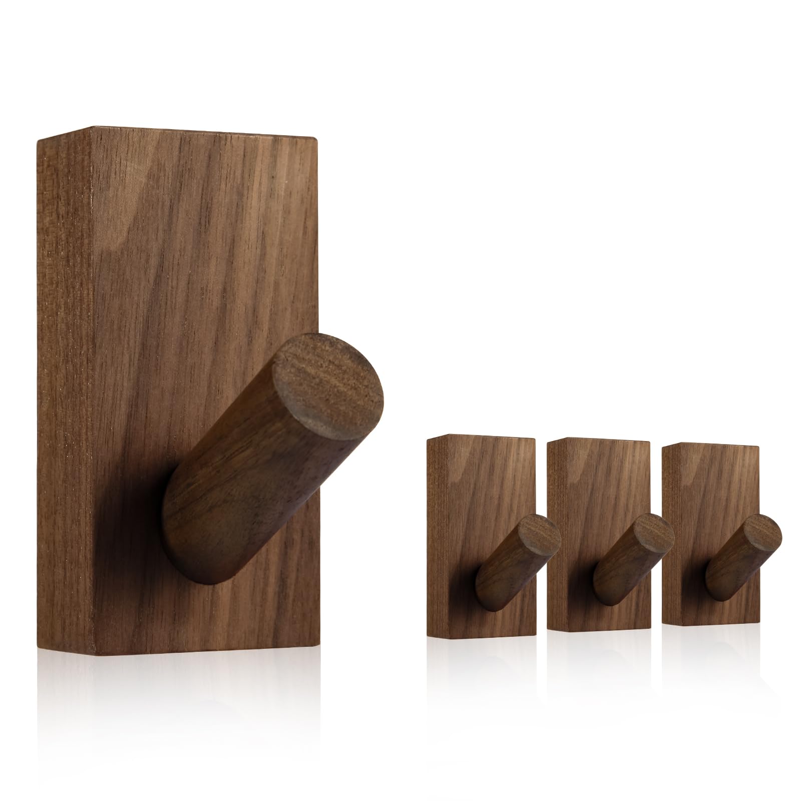 SIAMESE Ganchos de pared de madera, 4 ganchos de madera para colgar en la pared, para bata, toalla, sombrero, llaves, bolsa, ropa en la entrada, dormitorio o armario (madera de nogal)