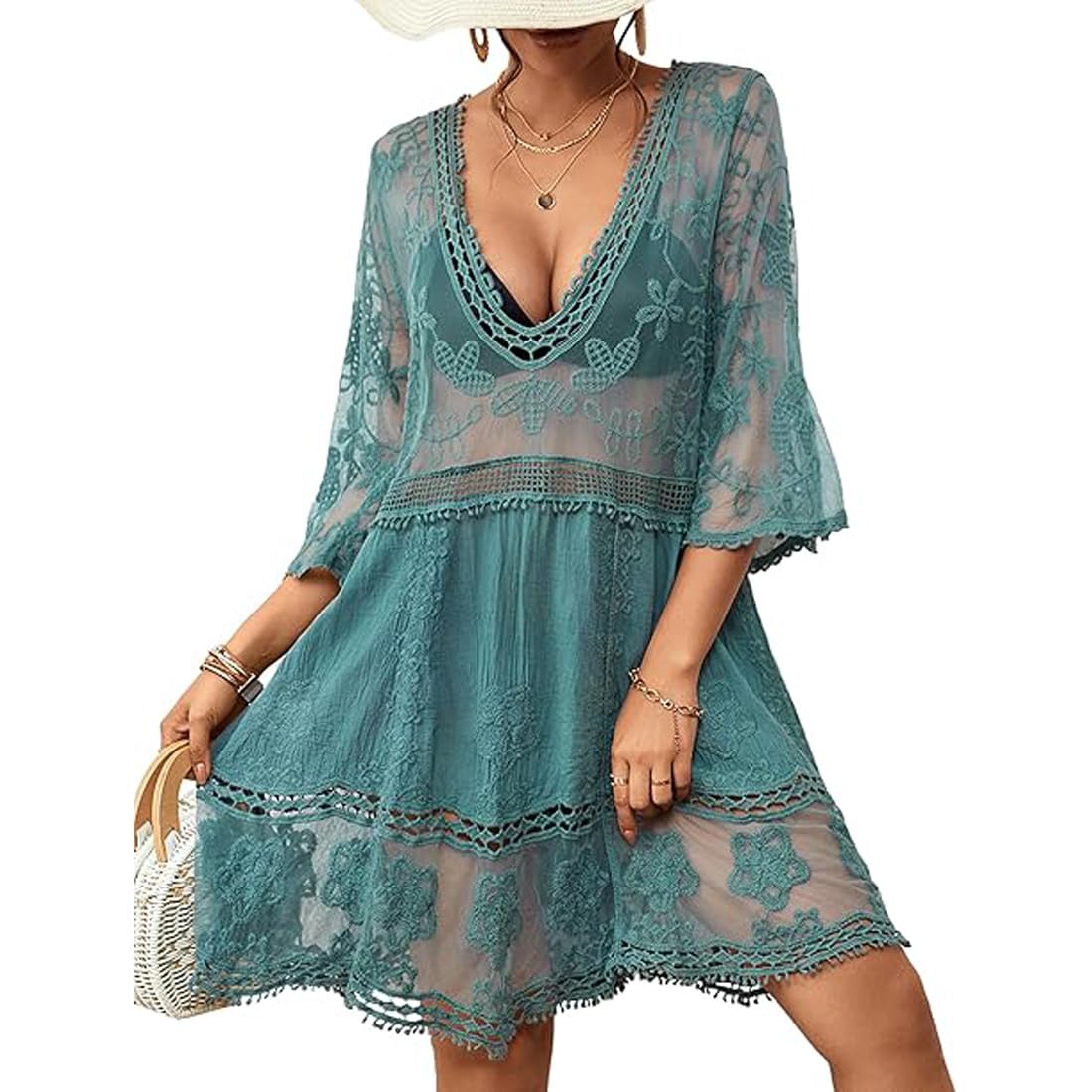 Women's Sexy Beach Dresses Lace Floral Bikini Cover Up See Through Hollow Out V-Neck 3/4 Sleeve Crochet Dress Summer Swimsuit Coverup for Holidays, Poolside, Seaside, and Party(Green)