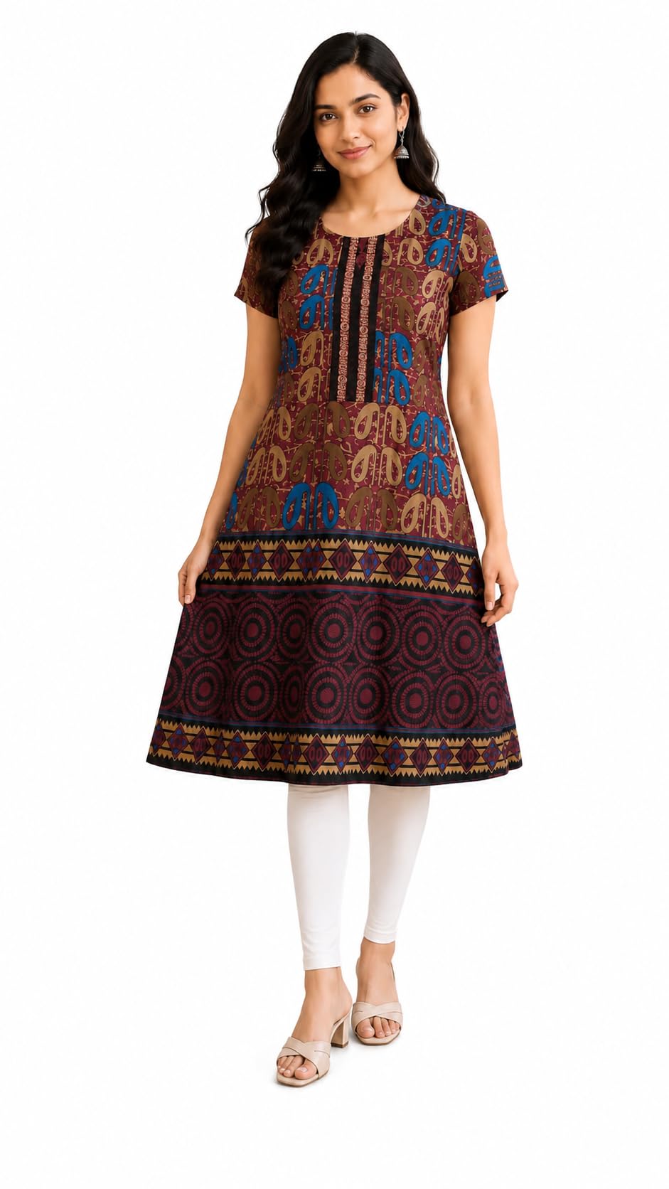 Women Multicolor Printed A-Line Kurti for Women | Ethnic Casual Wear Dress with Round Neck & Short Sleeves | Stylish Flared Kurta Tunic Top-picture-52