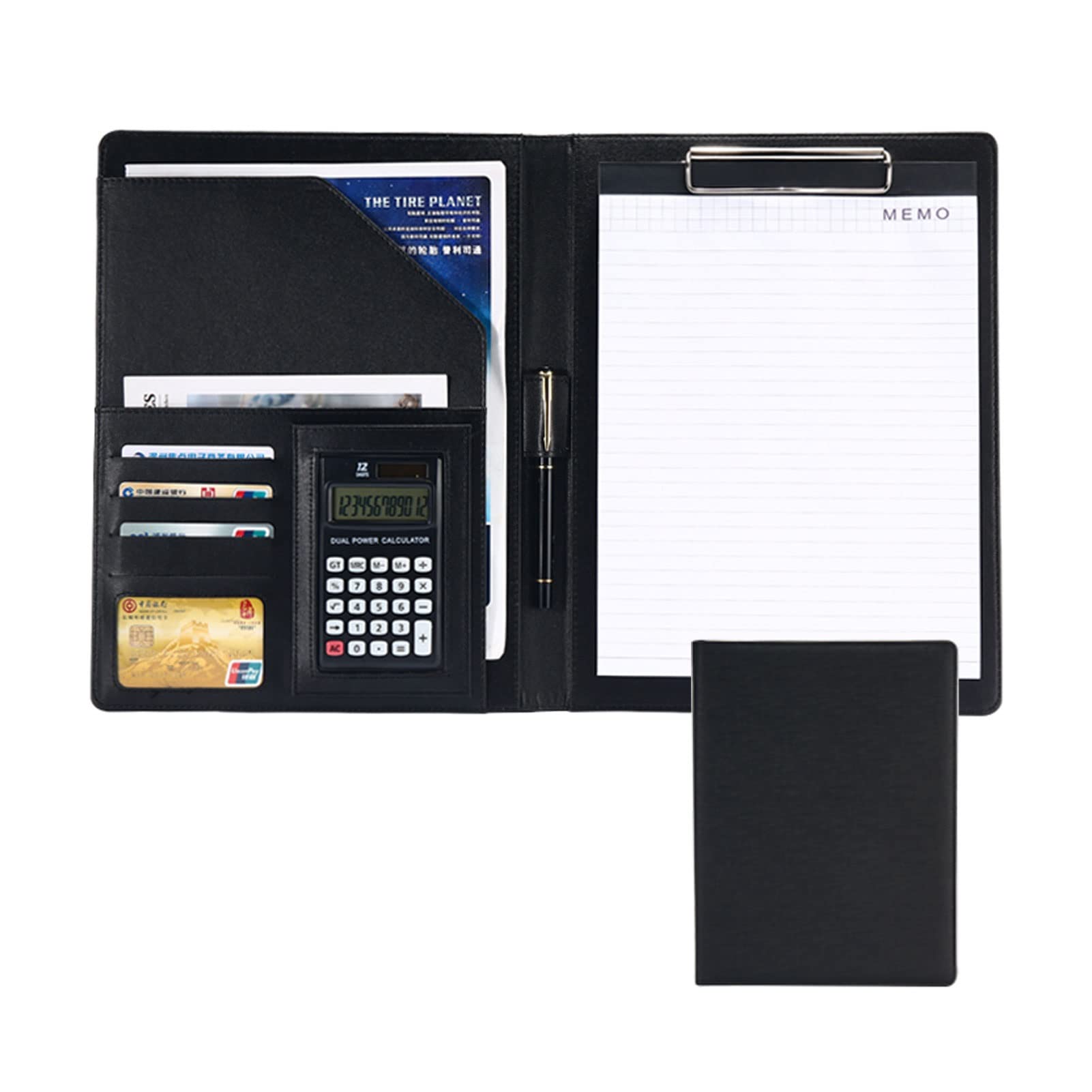 Raccoglitore A4 Padfolio Portfolio, Raccoglitore ad Anelli A4 con Blocco for Appunti e calcolatrice Multicolore(Black,12 Digit Calculator)