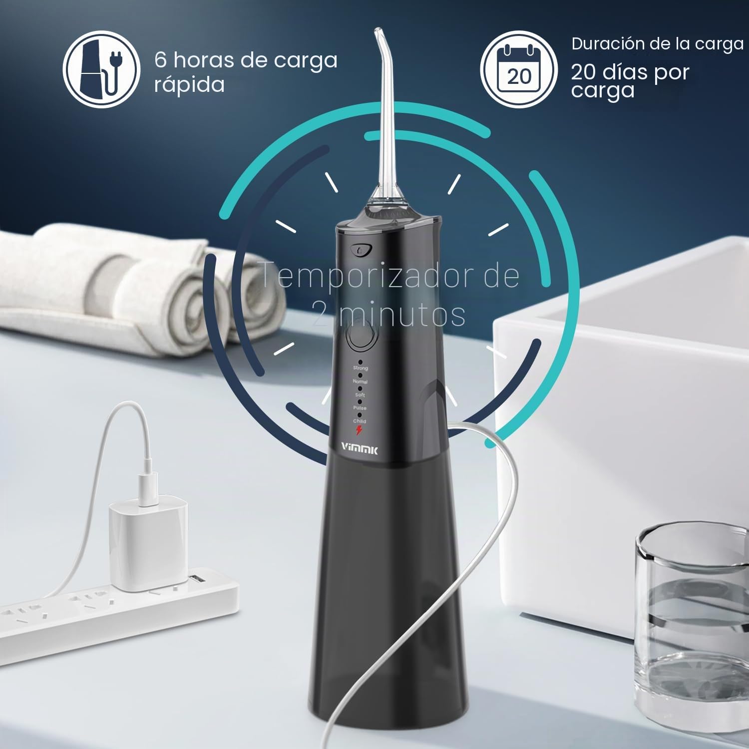 Irrigador bucal inalámbrico limpiador dental eléctrico, Vimmk Dental Water Flosser 5 modos y 8 boquillas USB-C recargable agua Flosser IPX7 resistente al agua, tanque de agua de 300 ml, limpiador de