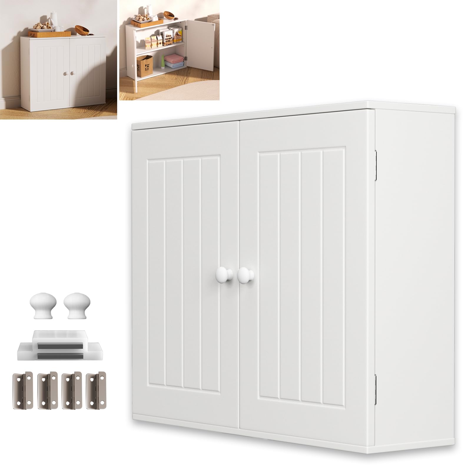 Kitchen Storage Cabinet 3 Hole Height Design and 2 Placement Methods Bathroom Wall Cabinet Modern Widened Design Large Capacity Hanging Cupboards with Double Door and Adjustable Shelf White 60x15x50cm