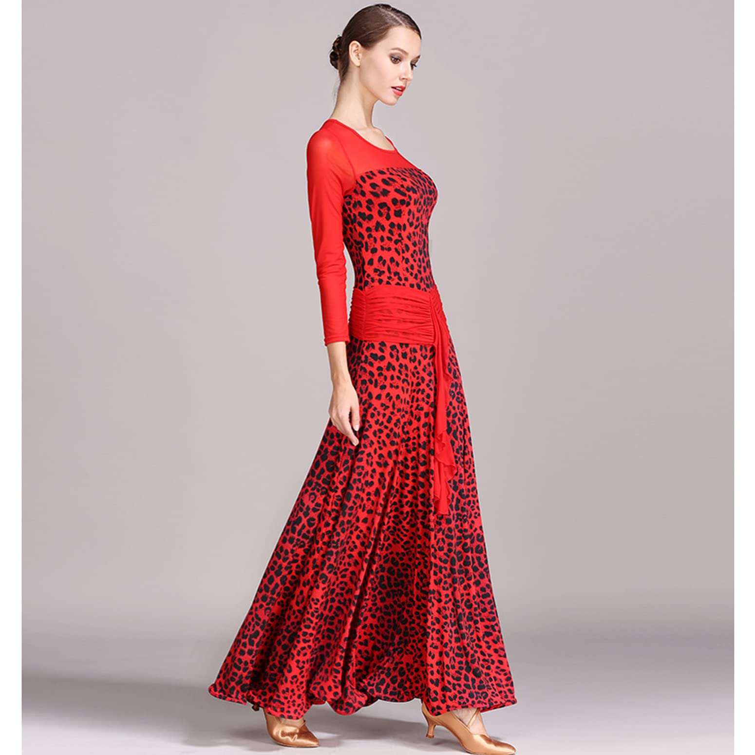 Disfraces De Actuación De Vals Estampados para Mujer Vestidos Entrenamiento Baile Flamenco Malla Manga Larga Ropa De Baile Plisada Tango Foxtrot De Cuello Redondo