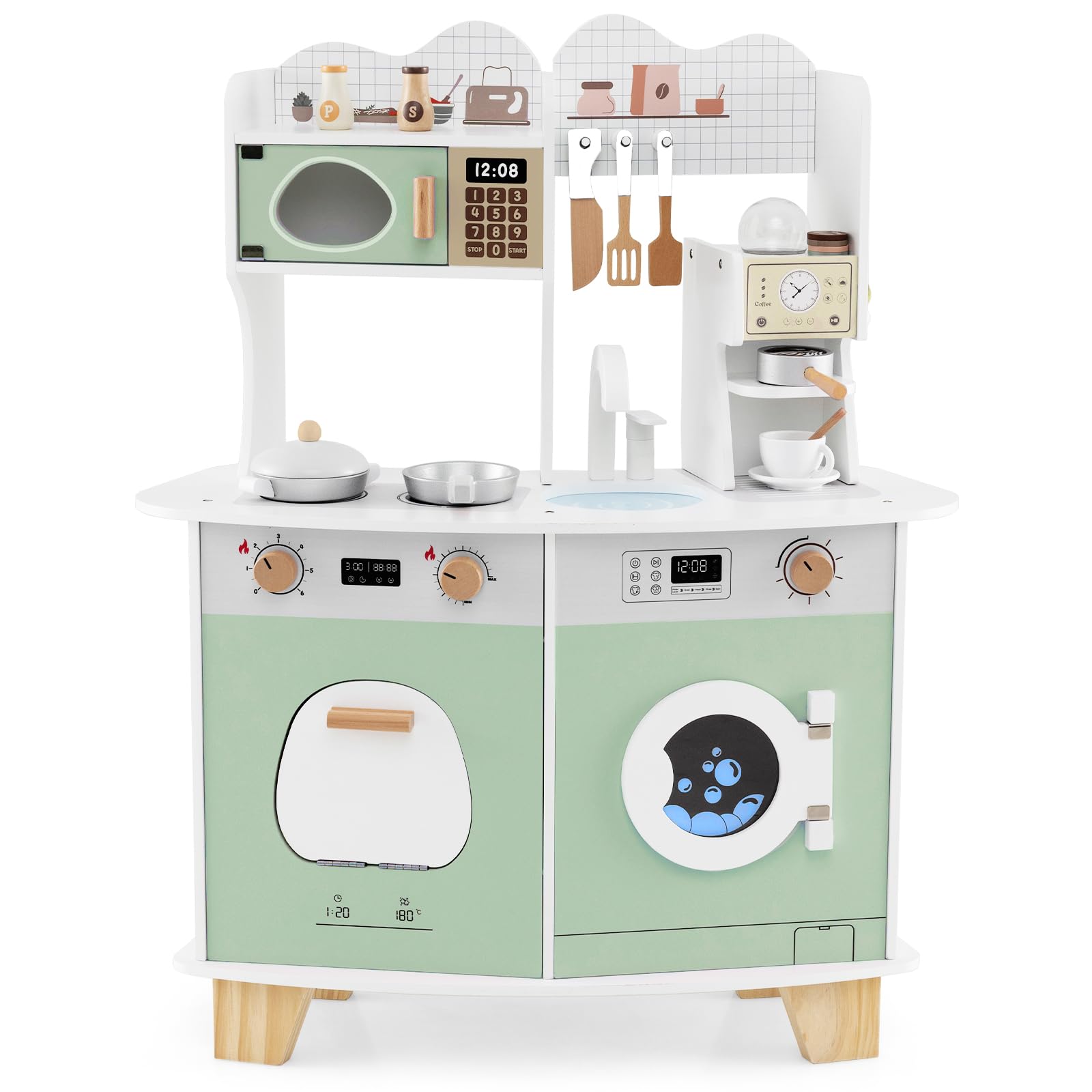 COSTWAY Kids Toy Kitchen, Pretend Play Kitchen with Coffee Maker, Microwave, Oven, Washing Machine, Accessories, Children Cooking Role Playset for 3+ Years Old (Green)