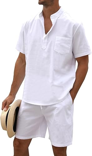 Conjunto de algodón y lino para hombre, camisas Henley, pantalones cortos, trajes de 2 piezas, ropa de playa, traje de vacaciones a juego, ropa de