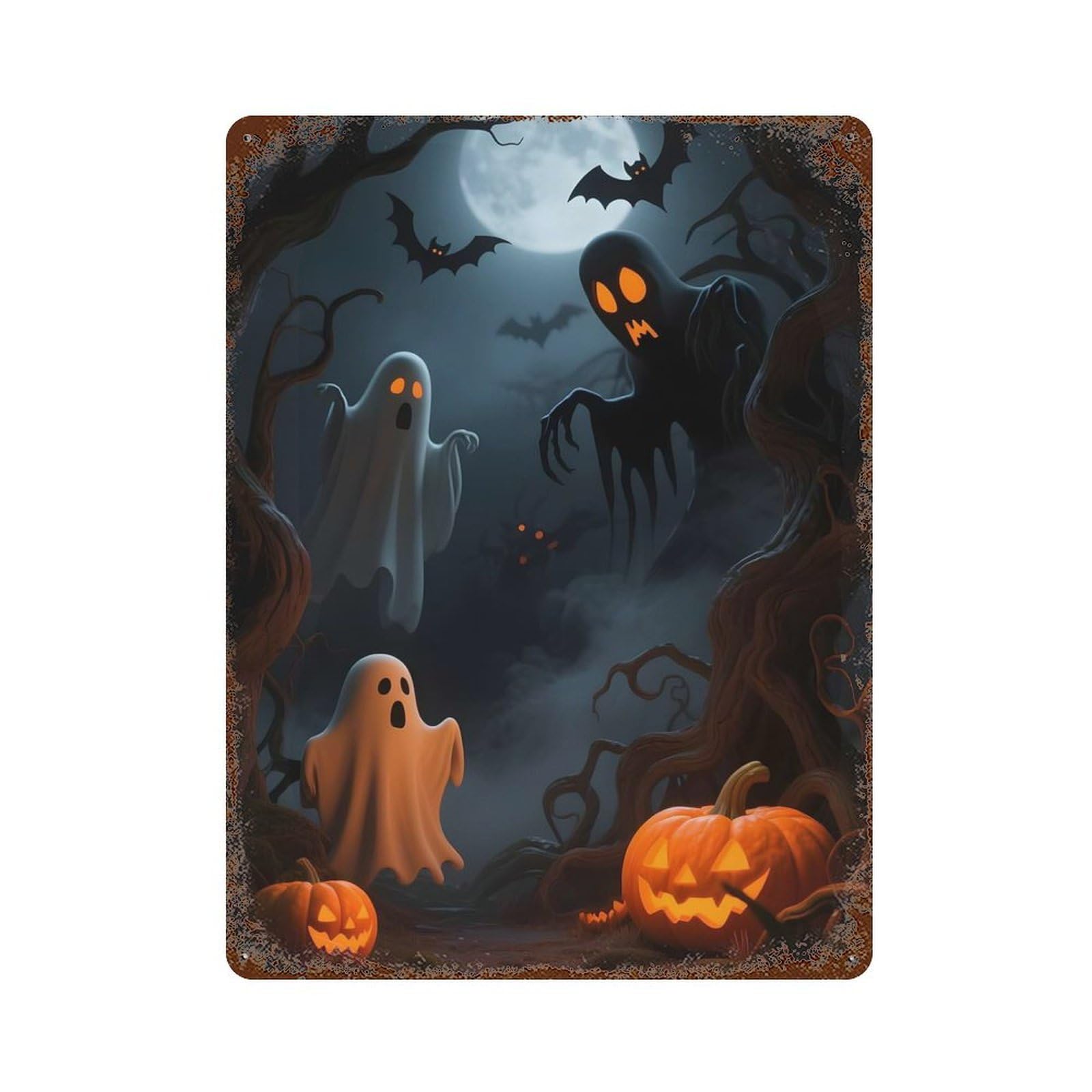 Spooky Halloween Night with Ghosts And Pumpkins Retro Metal Sign 15.7"x11.8", Ideal for Shed, Workshop And Garage Wall Decor