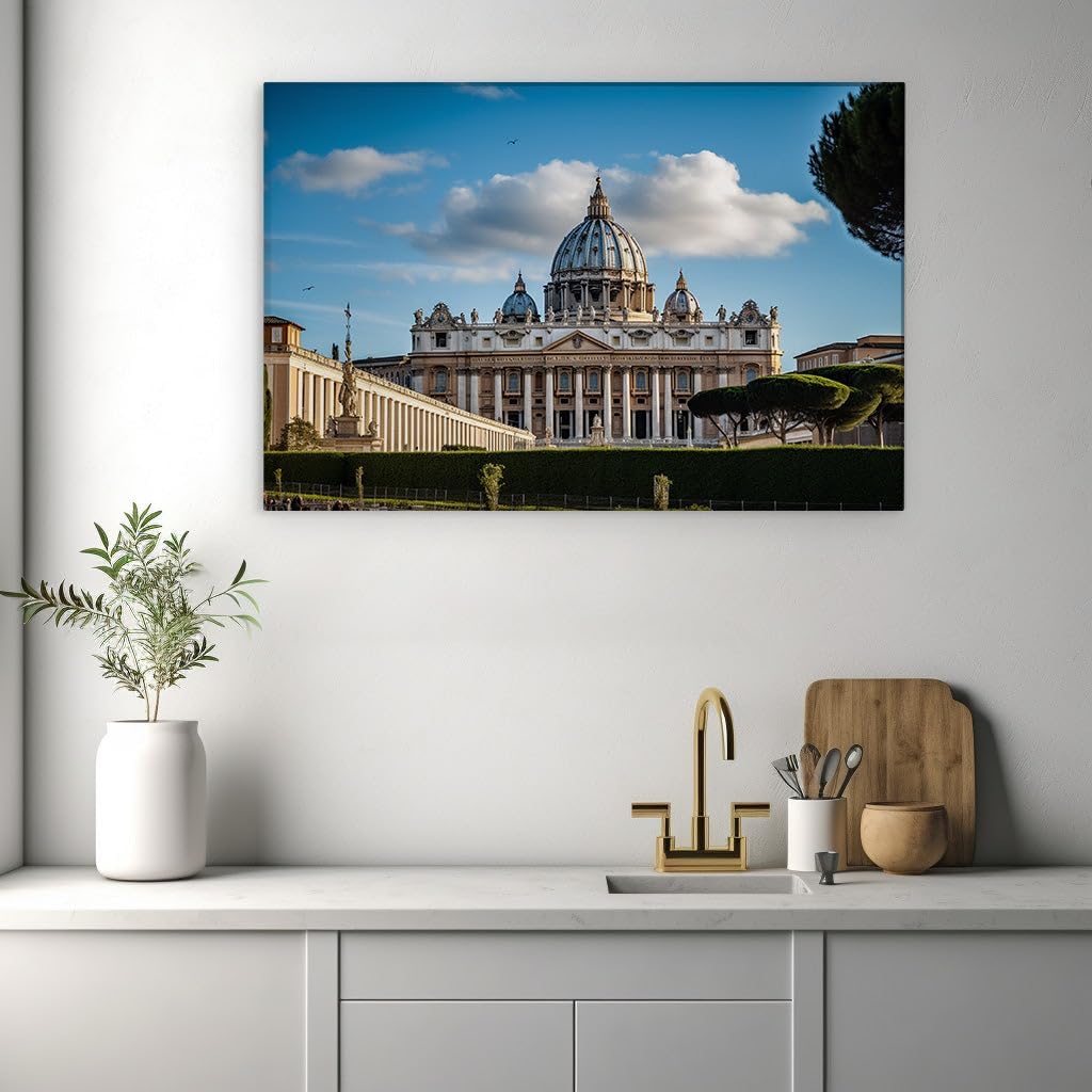 Canvas for Living room. Majestic Grandeur of St. Peter's Basilica Amidst Verdant Treasures and Blue Skies, 27 x 18 inch Canvas Wall Art - Ready to Hang