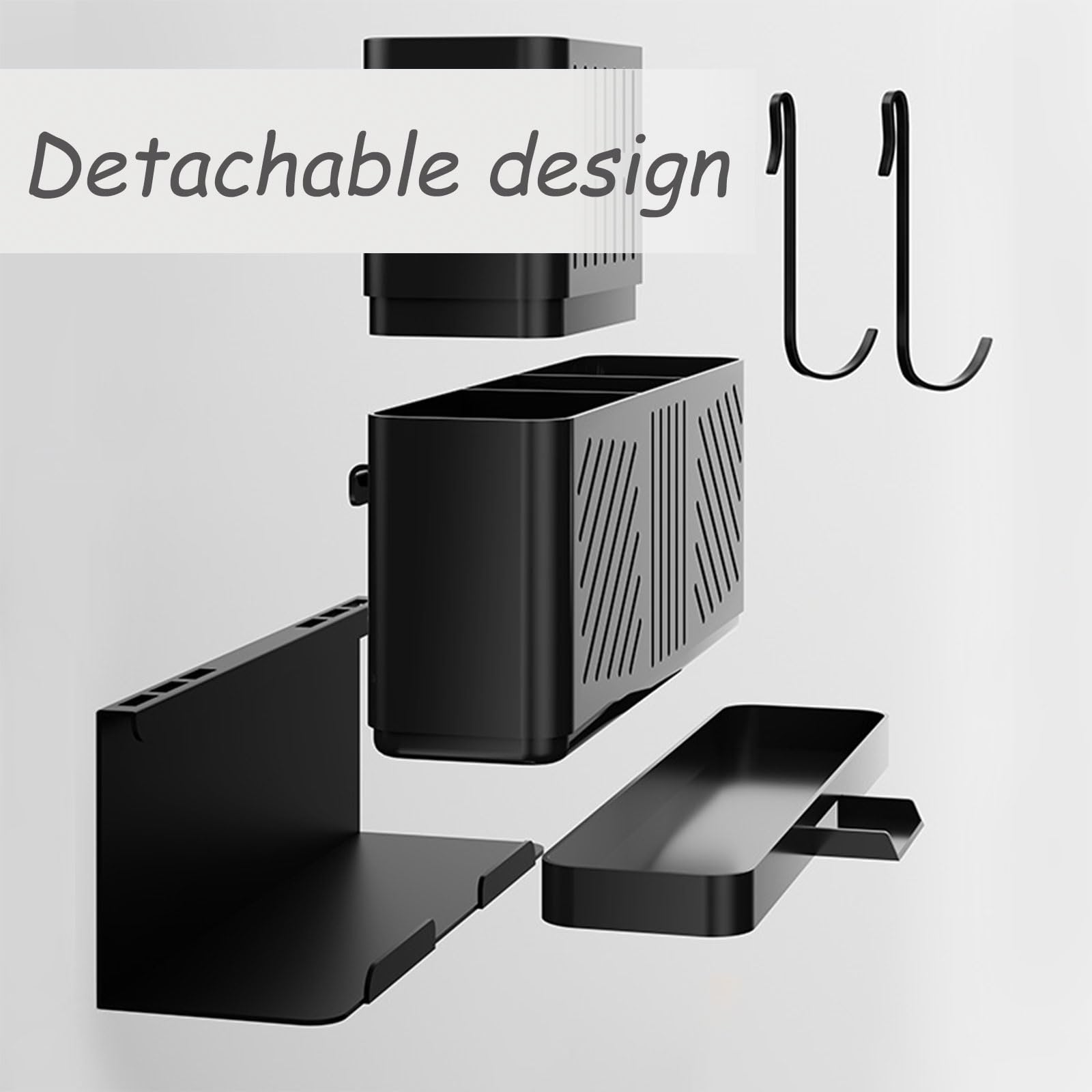 Soporte para utensilios de cocina con ganchos, escurridor de cubiertos y cucharas, organizador de encimera negro para cocina y comedor