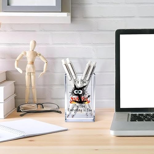 Miniatura 4 de Vgrti It's Fine I'm Fine Soporte para Lápices y Bolígrafos Cosméticos de Acrílico, Divertido Soporte para Bolígrafos de Gato Negro, Regalo para