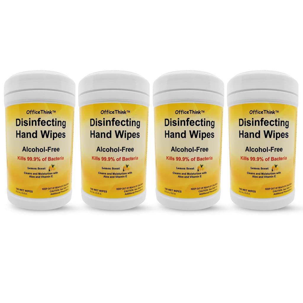 OfficeThinkWet Hand Wipes - 4 Pack, Fresh Lemon Scent, Alcohol-Free, Gentle on Hands, Moisturizes with Aloe + Vitamin E, Easy Access Canisters, 400 wipes (100Ct x 4)