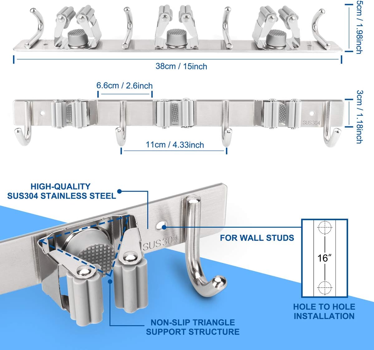 Fulgente Broom Mop Holder, Wall Mount Storage Cleaning Tools Organizer for Laundry Garage Garden Bath Kitchen, Screw-In Heavy Duty Stainless Steel Utility Rack Hanging Shelf (3 Racks 4 Hooks): Home Improvement