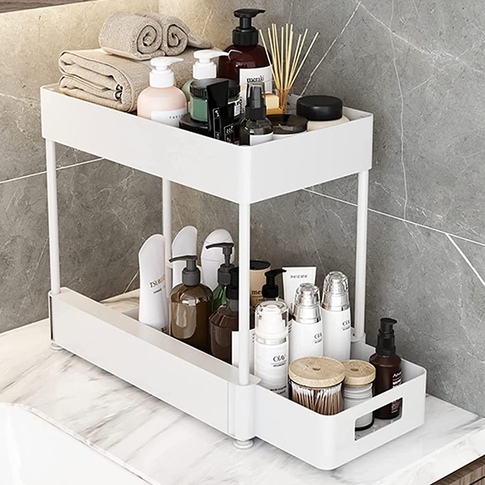 Solerconm Under Sink Organizer, Shelf Cutout Design Slide-Out Under Sink Organizer and Storage, 2 Tier Bathroom Under Cabinet Organizers Shelf with 4 Hooks for Bathroom Kitchen Office (White)