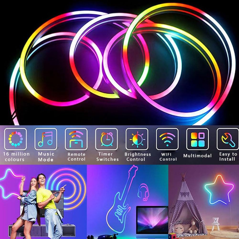 Tira neón Rgb,tira luz TV LED cortable rgbic,material silicona que puede hacer bricolaje en múltiples formas,luz juego LED control inteligente,tira retroiluminación con función sincronización música (