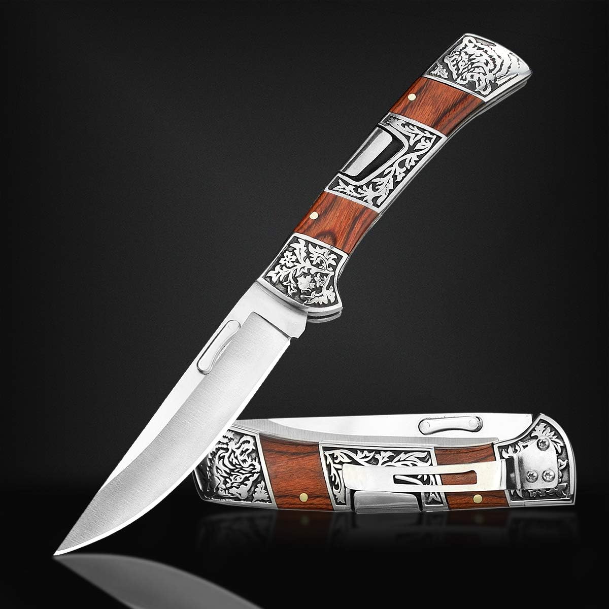 NedFossSMILODON Pocket Knife for Men, 3.9" Back Lock Folding Knife, Rosewood Handle with Engraved 3D Tiger Relief Bolster, Pocket Clip, Unique Cool Knives Personalized Gift for Men Women