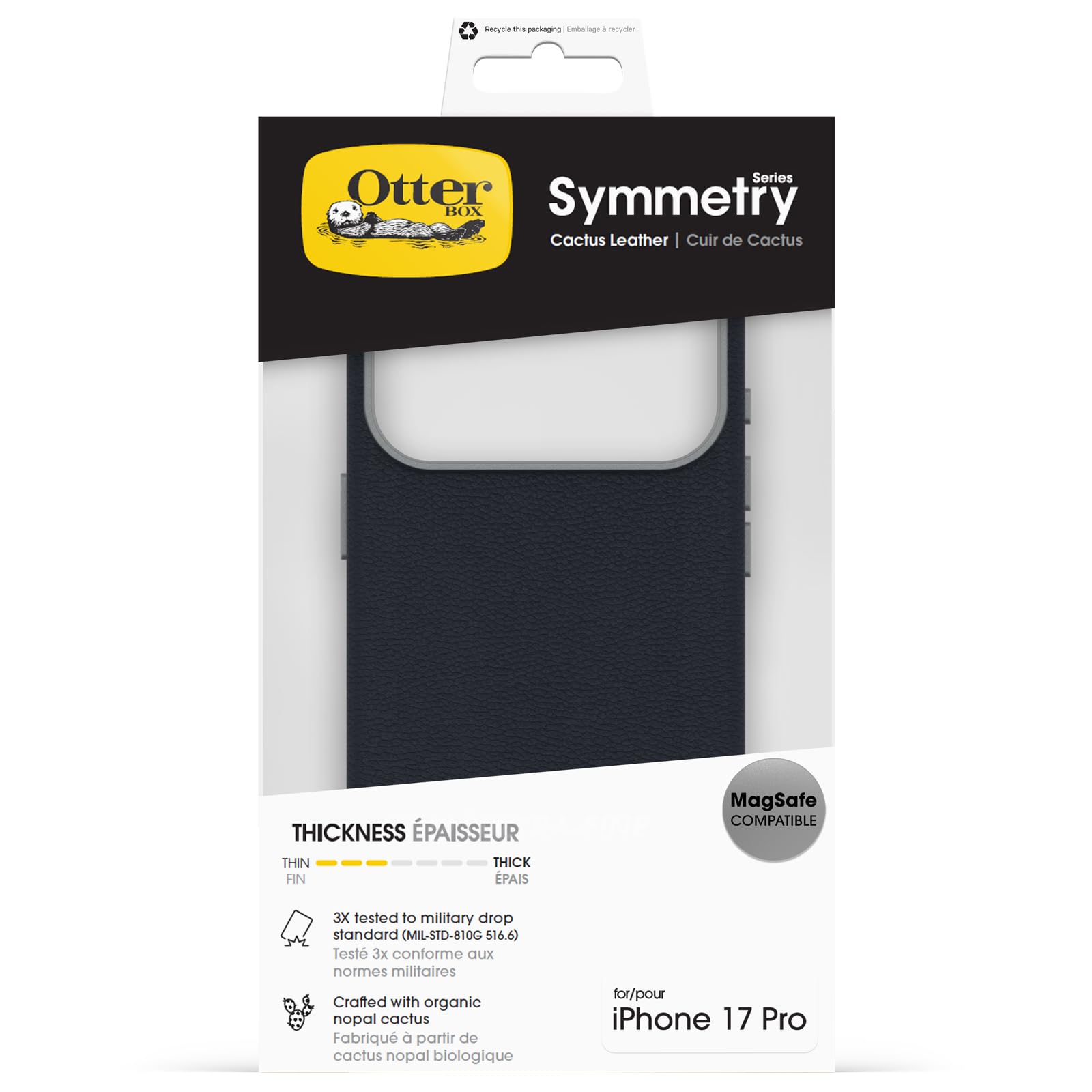 OtterBox Symmetry Cactus Leather MagSafe cover per iPhone 17 Pro, Blu | Custodia MagSafe, sottile, antiurto e cadute, testata 3x vs norme MIL-STD 810G in pelle vegana derivata dal Cactus