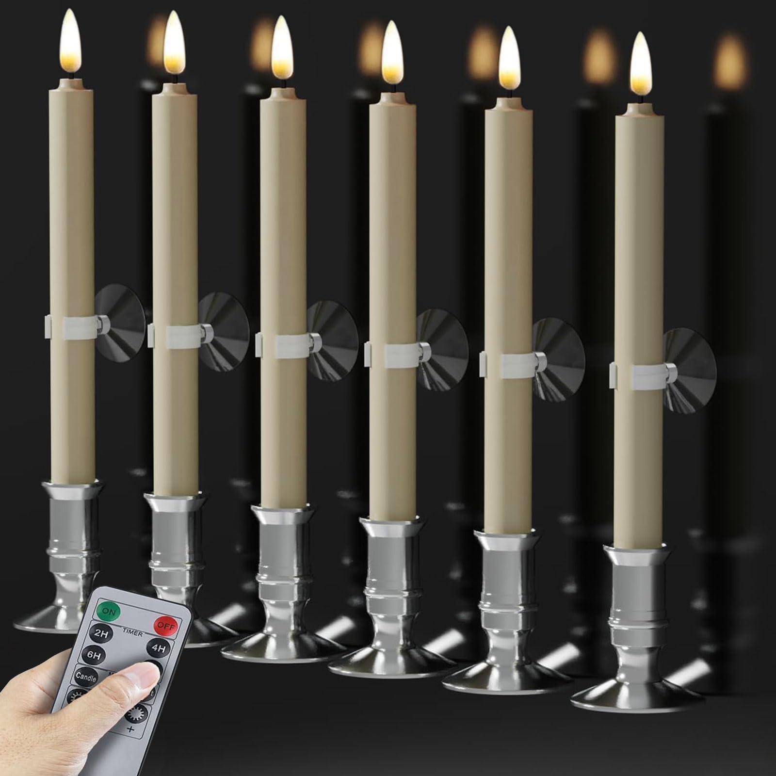 PrettyCare Set of 6 Flameless Battery Powered Ivory Taper Window Candles with Remote &amp; Timer, Removable Holders, Suction Cups - Christmas Decorations