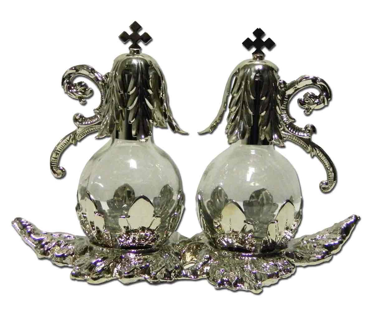 Desconocido Vinajeras de cristal con tapón y bandeja de metal(plateado)