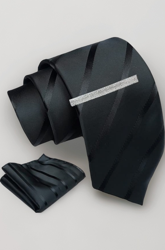Tie for Men – Striped Silk Neck Ties Set with Cufflinks Flower Pin, Pocket Square & Black Gift Box, Combo Necktie Sets for Office Wear, Formal Suits & Weddings (Black, AXNW12)