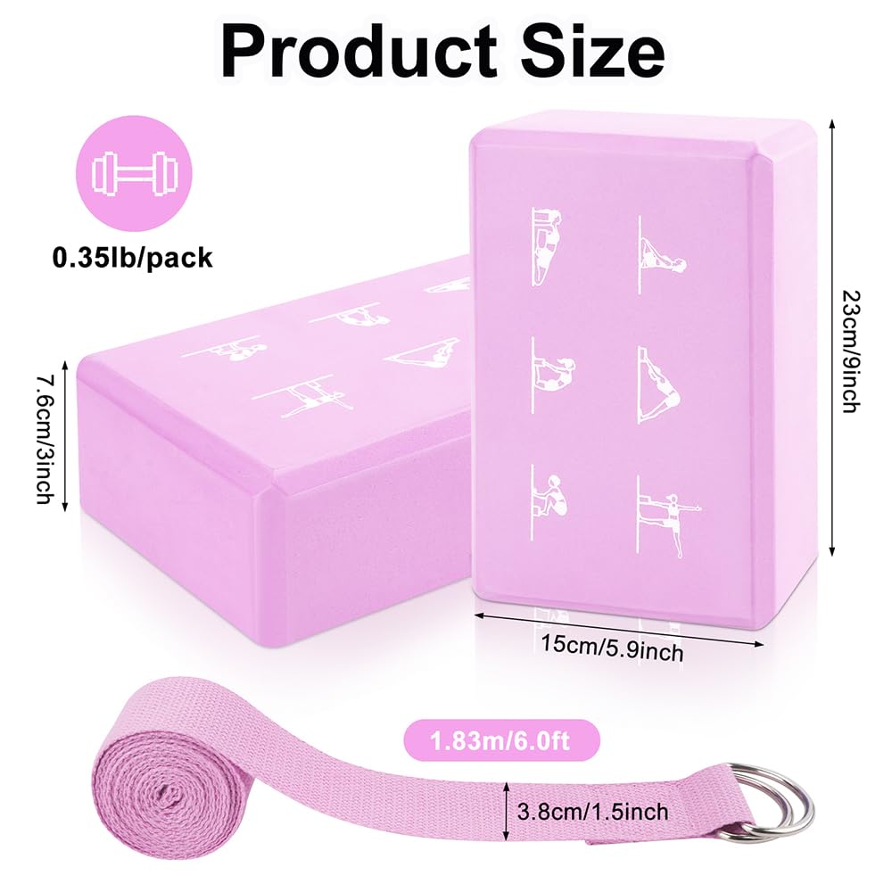 2 Yoga Block and Yoga Strap Set, FHDUSRYO High Density EVA Foam Blocks, Non-slip Yoga Bricks with 6ft Strap, Supportive Latex-Free Yoga Block Kit to Improve Balance and Flexibility (Pink, 9×6×3