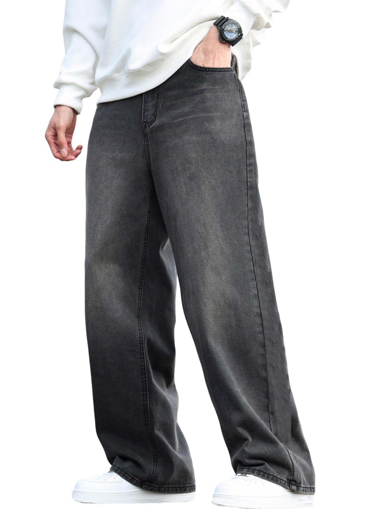 DFGIGT Mens Baggy Jeans Distressed Wide Leg Denim Pants Casual Loose Fit Trousers Streetwear