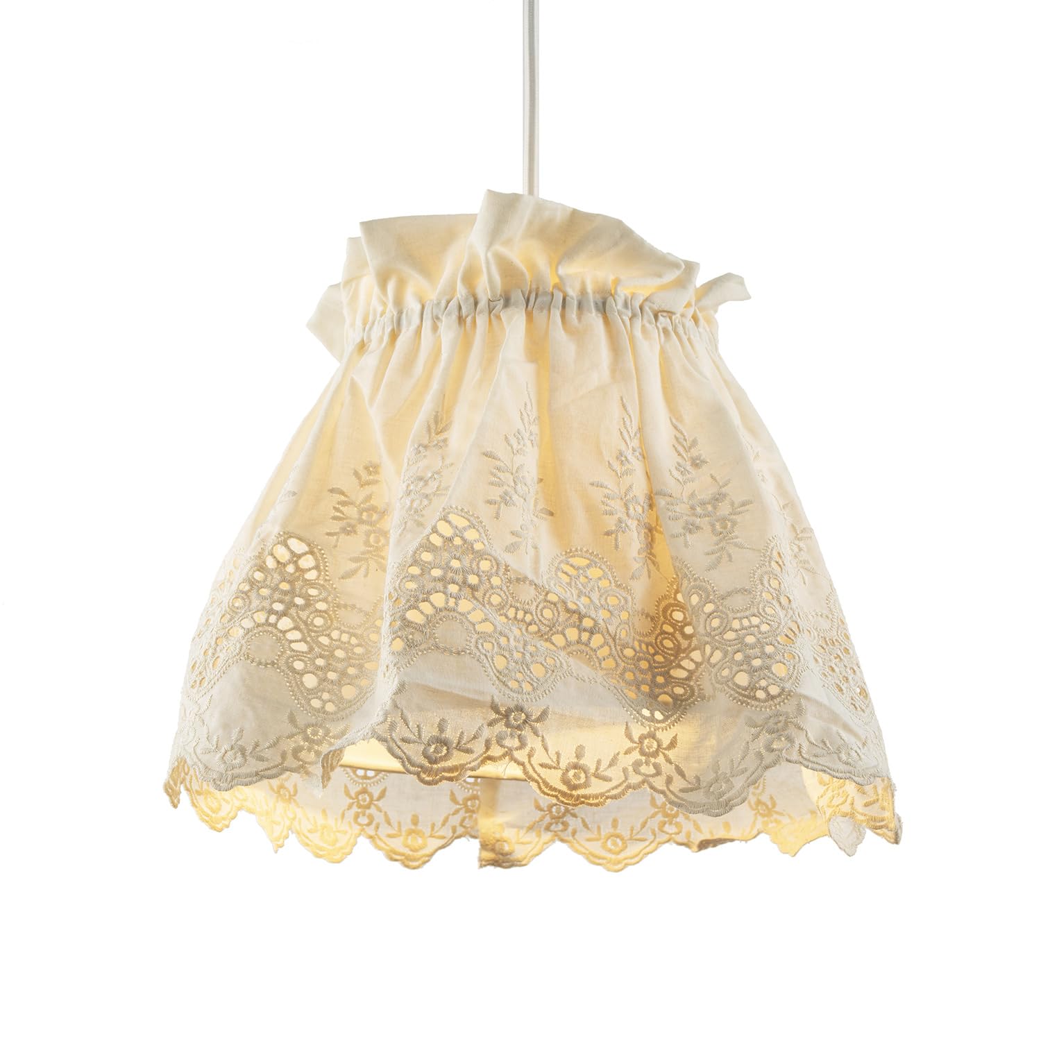 Modern Cream Cotton Fabric Pendant Lamp Shade with Floral Lace Design by Happ...