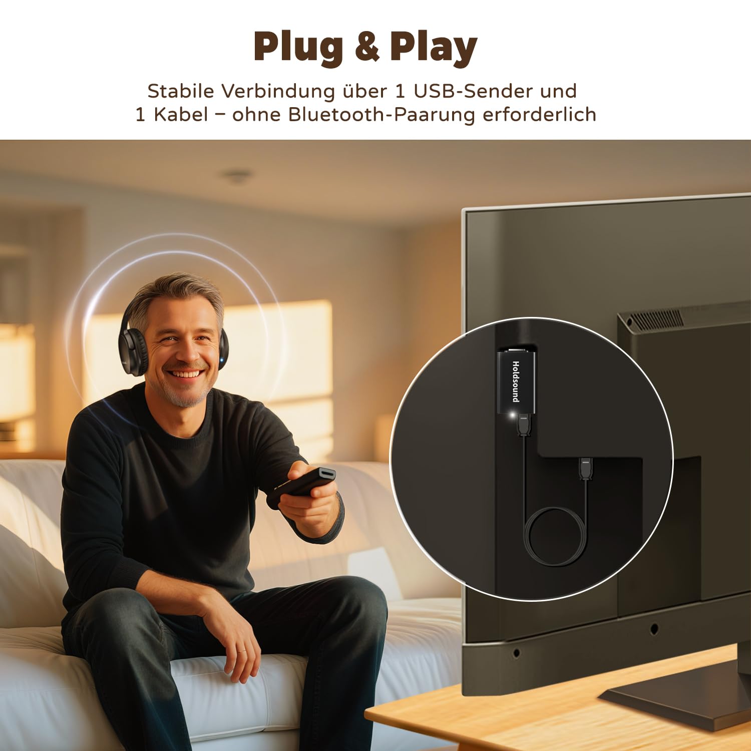 Holdsound TV Kopfhörer Kabellos Senioren, Funkkopfhörer Kabellos für TV mit USB-Sender, Mehr Lautstärke, Plug-and-Play, Keine Audioverzögerung, 40 Stunden Audiowiedergabe