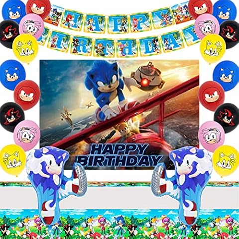 Sonic Birthday Party Decoration Set, 25 Pieces Sonic The Hedgehog Party Balloons Decoration Set, Includes Tablecloth, Sonic Latex Foil Balloons, Background Decoration Flag, Birthday Flag Cover