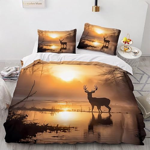 OmErsa Juego de funda de edredón de microfibra suave con diseño de ciervo, tamaño matrimonial, 3 piezas con cremallera, 2 fundas de almohada, funda