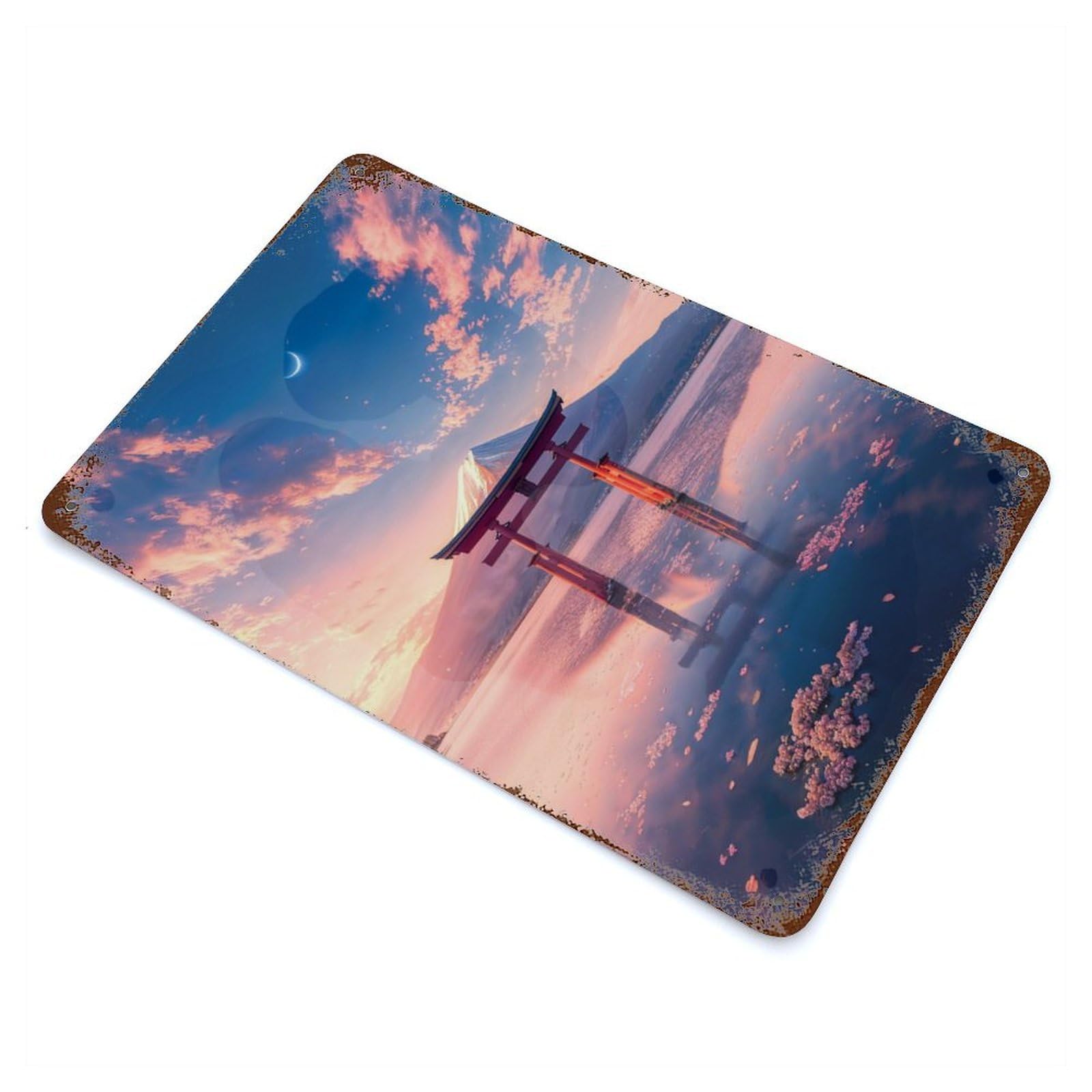 Distressed Metal Wall Sign Japanese Torii Gate 11.8"x7.9", Retro Wall Decor for Basement, Hobby Room And Garage Decor