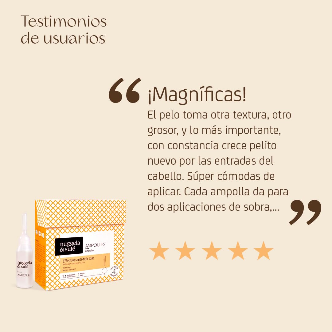 Nuggela & Sulé Ampollas Anti-Caída Efectiva. Con Extracto de Cebolla Roja. Fortalece y Frena la caída del cabello. Efecto Rápido. Tratamiento. 4 x 10 ml