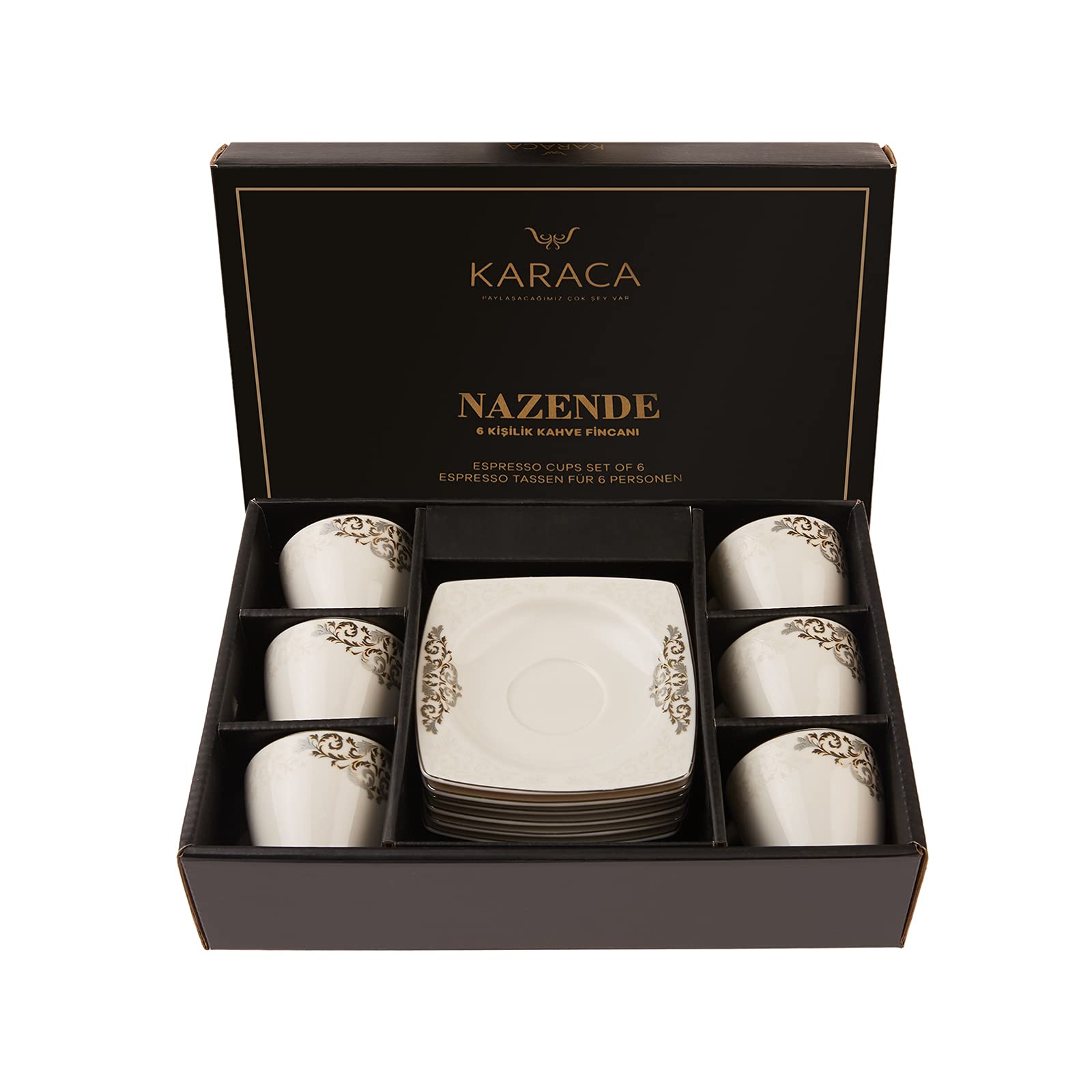 KARACA Nazende Porzellan Espressotassen Set - 80 ml Türkische Kaffeetassen mit Untertassen 12-teilig Kaffeeservice Modern mit 6 x Kaffeetasse & 6 x Untertasse, Mokkatassen - Weiß