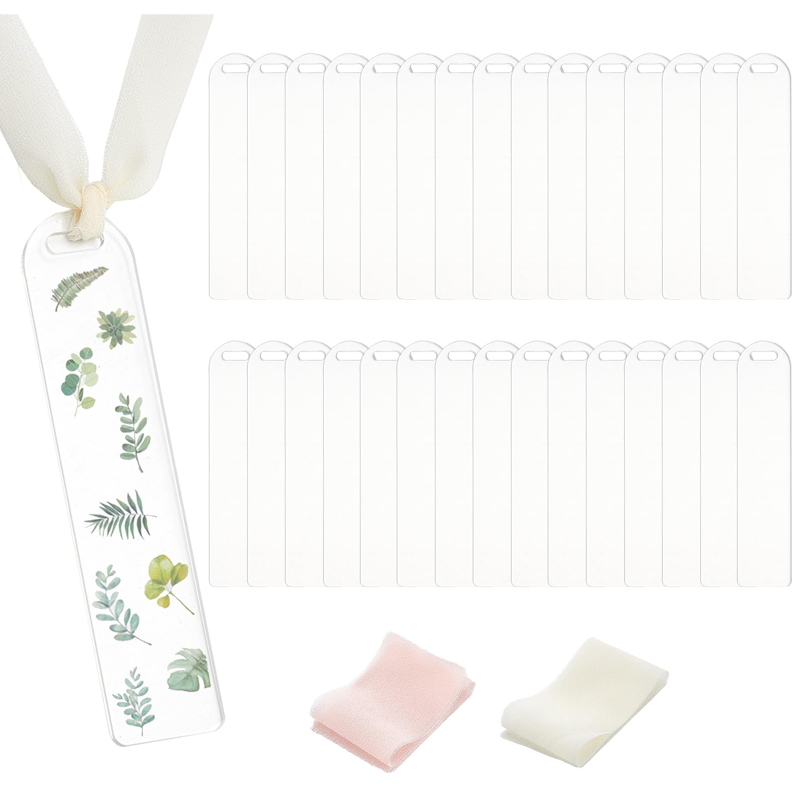 NICENEEDED 30 PCS Acrylic Bookmark Blanks, 3mm Thicken Clear Acrylic Bookmarks Acrylic Tags with 30 PCS Ribbons