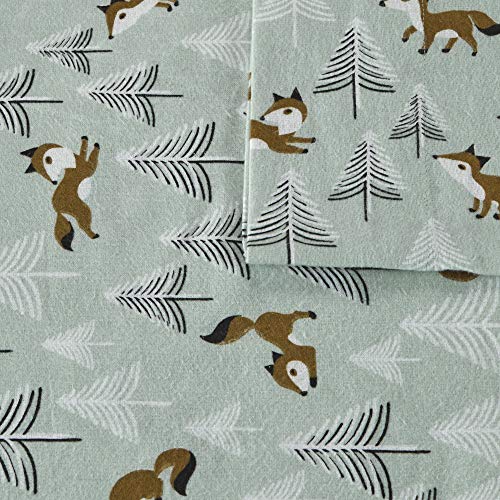Image of Intelligent Design Cozy Soft 100% Cotton Flannel Print Animals Stars Cute Warm, Ultra Soft Cold Weather Sheet Set Bedding, Twin XL, Seafoam Foxes 3 Piece