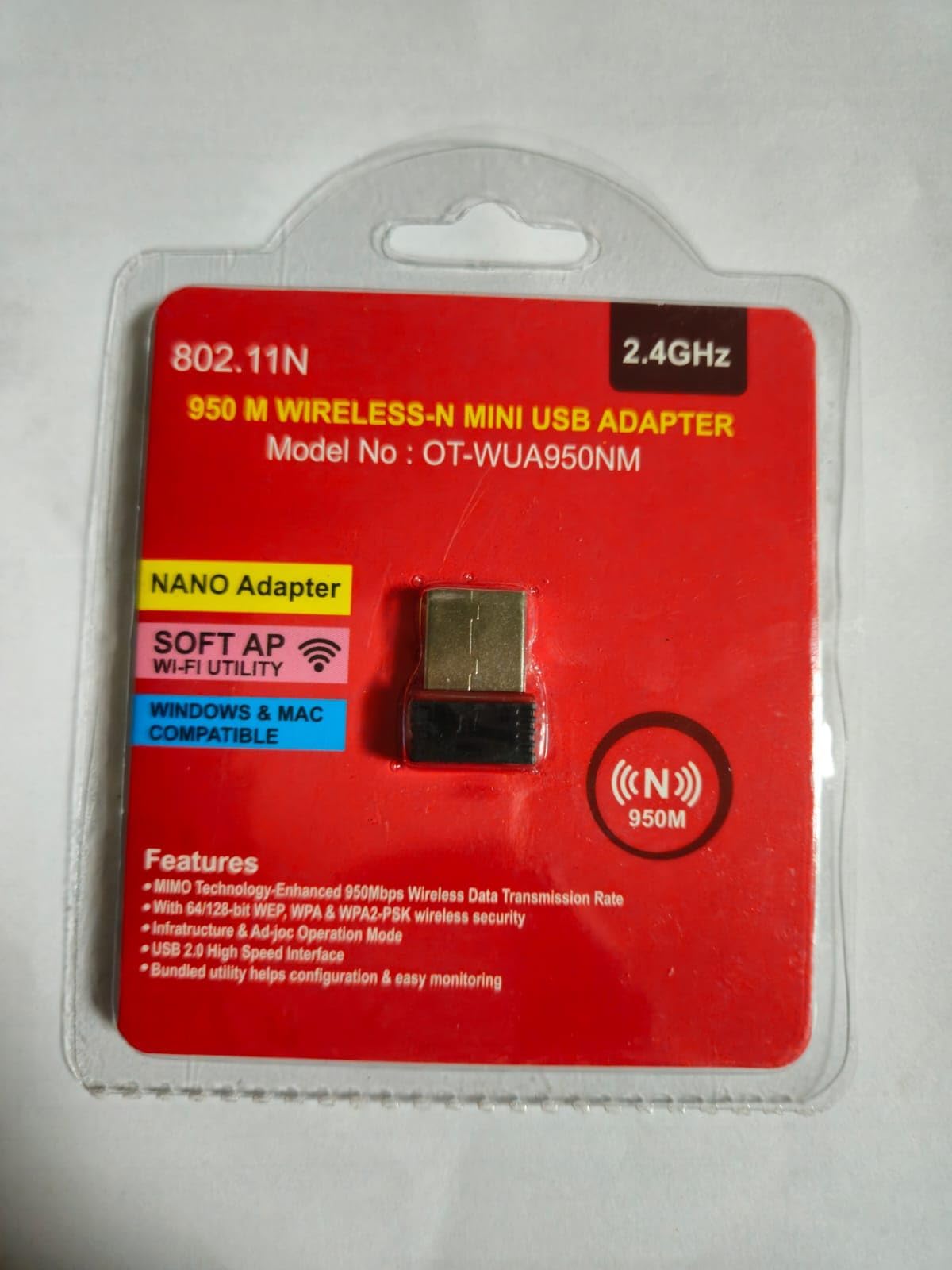 2.4GHz 950M Wireless-N Mini USB Adapter, Model No: OT-WUA950NM, Windows & Mac Compatible, Black